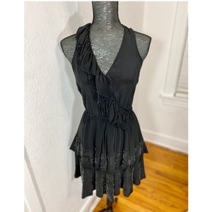 Frock by Tracy Reese Black Silk Ruffle Beaded V-neck Layered Cocktail Dress Sz S